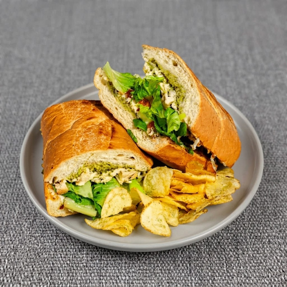 Two toasted sandwiches with leafy greens and creamy filling, served alongside assorted potato chips on a gray plate.