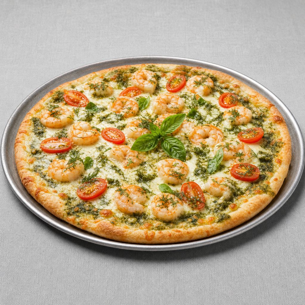 King Kong Pesto Shrimp Pizza.